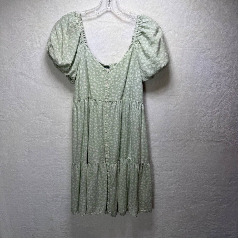 Wild Fable Sage Green Floral Puff Sleeve Button Front Tiered Babydoll Mini Dress